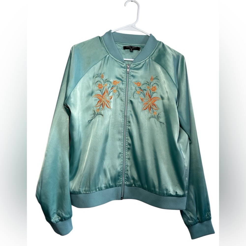 Romeo & Juliet Couture Aqua Bomber Jacket with Floral Embroidery. Size M.